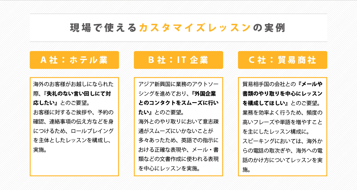 『現場で使えるカスタマイズレッスンの実例』
      A社：ホテル業－海外のお客様がお越しになられた際、失礼のない言い回しにて対応したいとのご要望。お客様に対するご挨拶や、予約の確認、連絡事項の伝え方などを身につけるため、ロールプレイングを主体としたレッスンを構成し、実施。
      B社：IT企業－アジア新興国に業務のアウトソーシングを進めており、外国企業とのコンタクトをスムーズに行いたいとのご要望。海外とのやり取りにおいて意志疎通がスムーズにいかないことが多々あったため、英語での指示における正確な表現や、メール・書類などの文書作成に使われる表現を中心にレッスンを実施。
      C社：貿易商社－貿易相手国の会社とのメールや書類のやり取りを中心にレッスンを構成してほしいとのご要望。業務を効率よく行うため、頻度の高いフレーズや単語を増やすことを主にしたレッスン構成に。スピーキングにおいては、海外からの電話の取次ぎや、海外への電話のかけ方についてレッスンを実施。