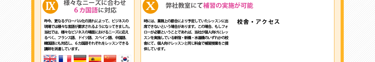 ⑨『様々なニーズに合わせ６カ国語に対応』昨今、更なるグローバル化の流れによって、ビジネスの現場では様々な言語が要求されるようになってきました。当社では、様々なビジネスの場面におけるニーズに応えるべく、フランス語、ドイツ語、スペイン語、中国語、韓国語にも対応し、６カ国語それぞれをレッスンできる講師を派遣しています。
      ⑩『弊社教室にて補習の実施が可能』時には、業務上の都合により予定していたレッスンに出席できないという場合があります。この場合、もしフォローが必要ということであれば、当社が個人向けにレッスンを実施している新宿・新橋・水道橋のいずれかの校舎にて、個人向けレッスンと同じ料金で補習授業をご提供しています。